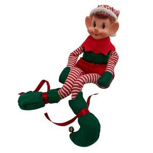 Vintage Christmas Pixie Elf Plastic Face Green & Red Striped Felt Body Ornament